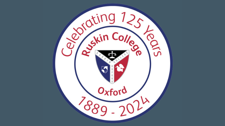 Ruskin College logo - "Celebrating 125 Years - 1889 - 2024"